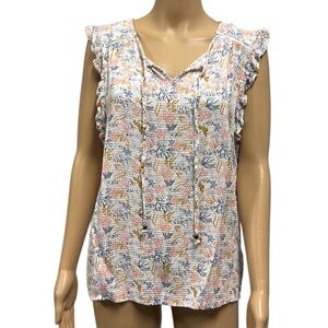 Kate & Sam Coastal Print Ruffled Tie Neckline Sleeveless Textured Top Womens XL
